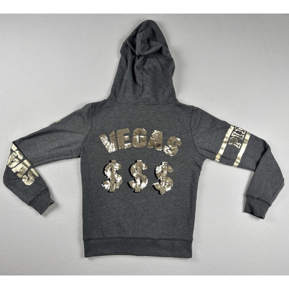Pink Victoria Secret Las Vegas Gold Sequin $$ Hoodie Bling Zip Up Women's Small